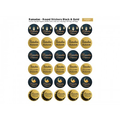 Stickers - Ramadan Mubarak 60 Pk Round Black & Gold